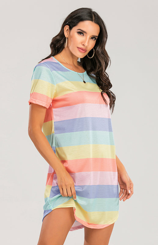 Eco-friendly Women's Short Sleeve Rainbow Striped Loose T-Shirt Pyjama Sets