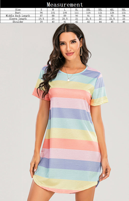 Eco-friendly Women's Short Sleeve Rainbow Striped Loose T-Shirt Pyjama Sets