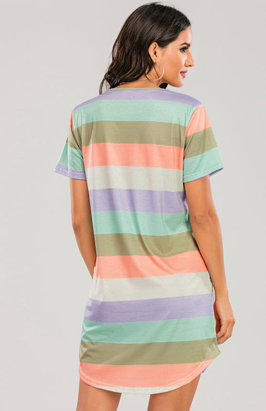 Eco-friendly Women's Short Sleeve Rainbow Striped Loose T-Shirt Pyjama Sets