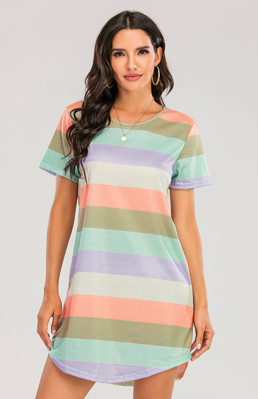 Eco-friendly Women's Short Sleeve Rainbow Striped Loose T-Shirt Pyjama Sets