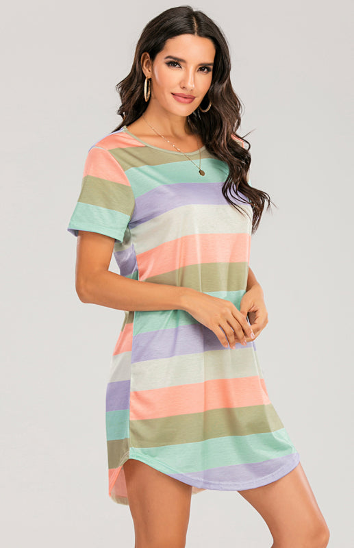 Eco-friendly Women's Short Sleeve Rainbow Striped Loose T-Shirt Pyjama Sets