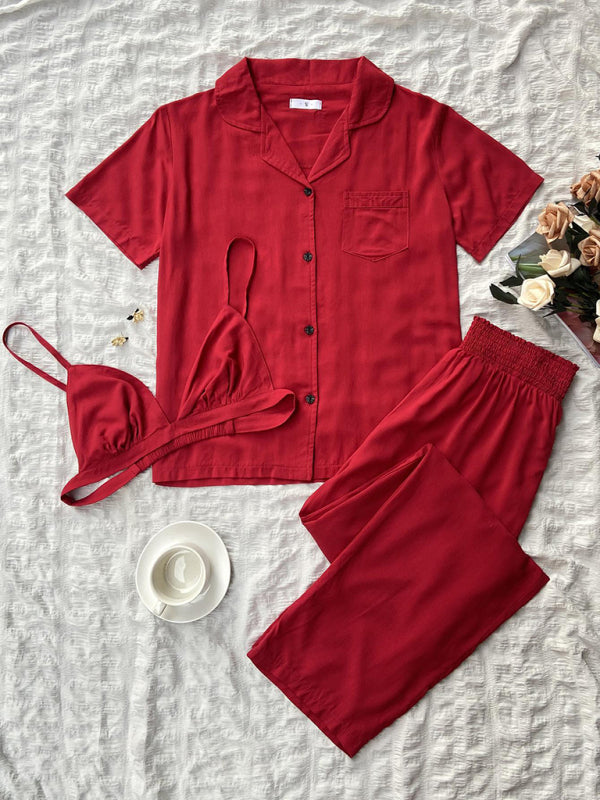 Women's solid color knitted casual pajamas three-piece set