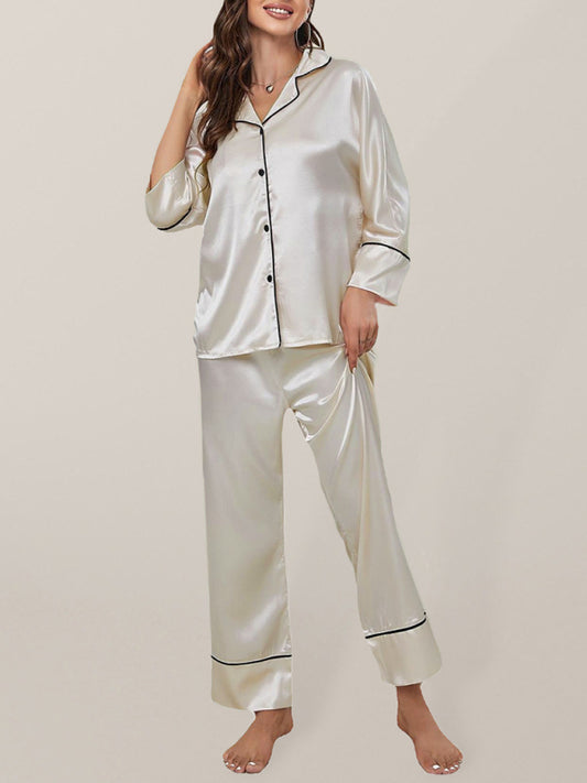 Women's color-blocking imitation silk long-sleeve pajama sets