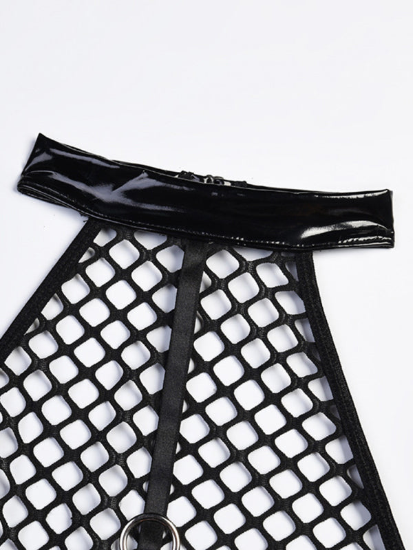 Sexy lingerie-grid splicing pu leather halter neck bodysuit