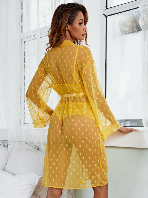 Women's sexy mesh see-through pajamas four-piece long coat bra underwear set