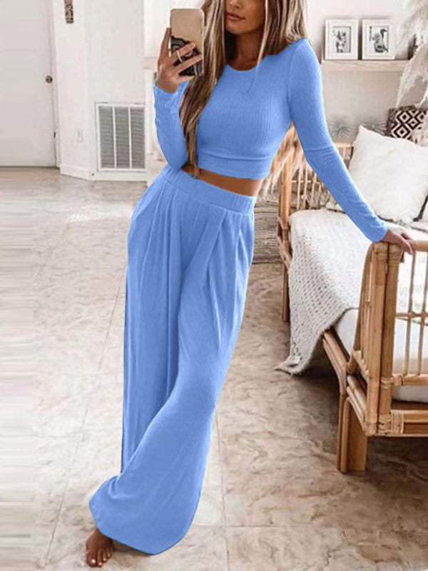 Women's Solid Color Knitted Casual Home Two-Piece Suit