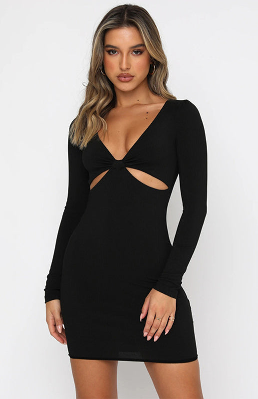 Sexy Deep V-Neck Hollow Slim Long Sleeve Dress Cocktail Party Dress