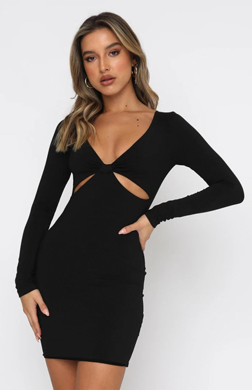 Sexy Deep V-Neck Hollow Slim Long Sleeve Dress Cocktail Party Dress