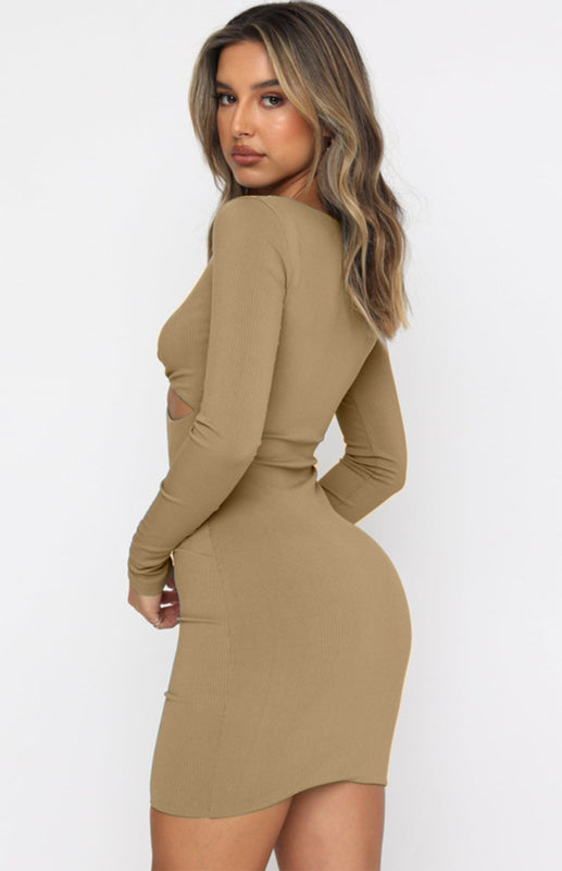 Sexy Deep V-Neck Hollow Slim Long Sleeve Dress Cocktail Party Dress