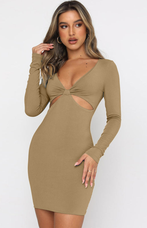 Sexy Deep V-Neck Hollow Slim Long Sleeve Dress Cocktail Party Dress