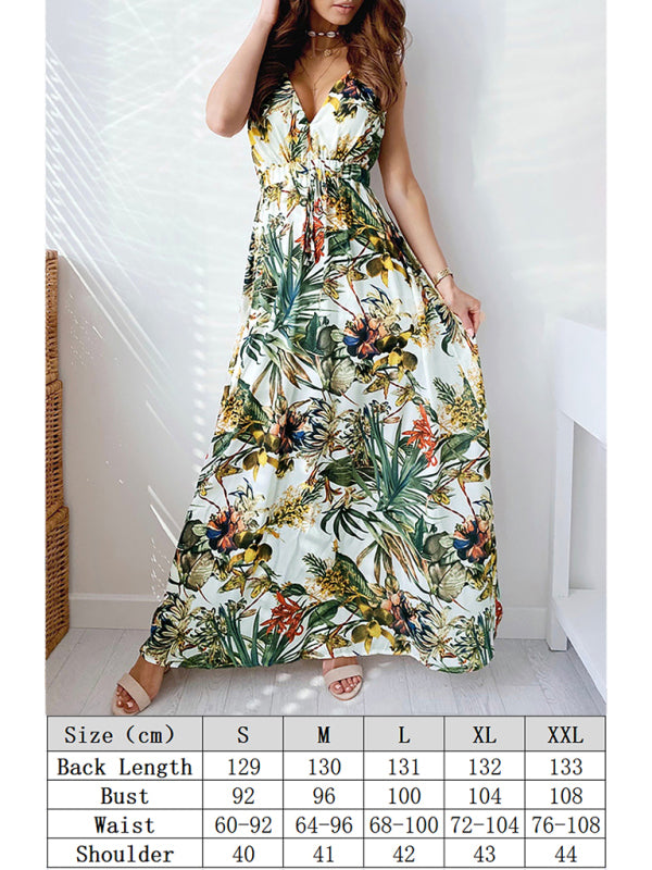 Eco-friendly Deep V-Neck Sleeveless Printed Lace-Up Dress