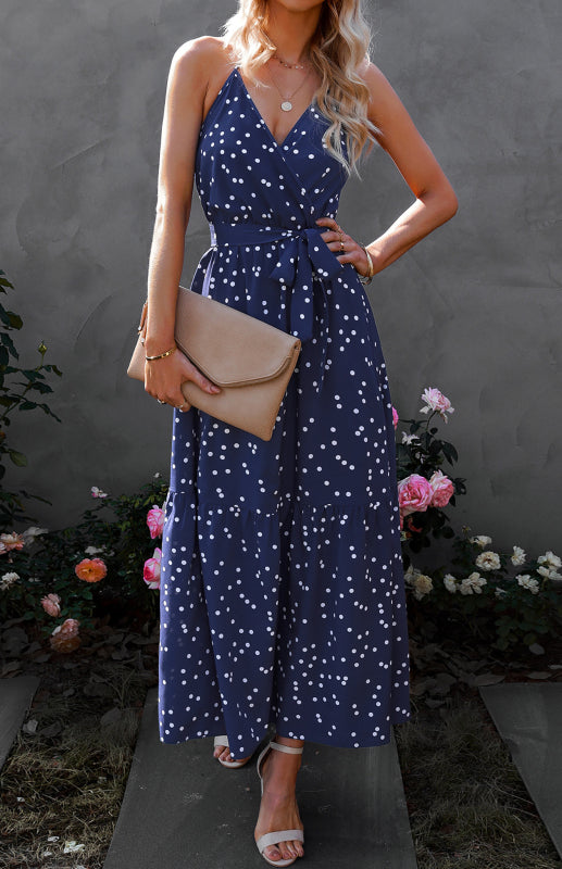 Eco-friendly Ladies Summer Fashion V Neck Sling Polka Dot Dress Long Dress