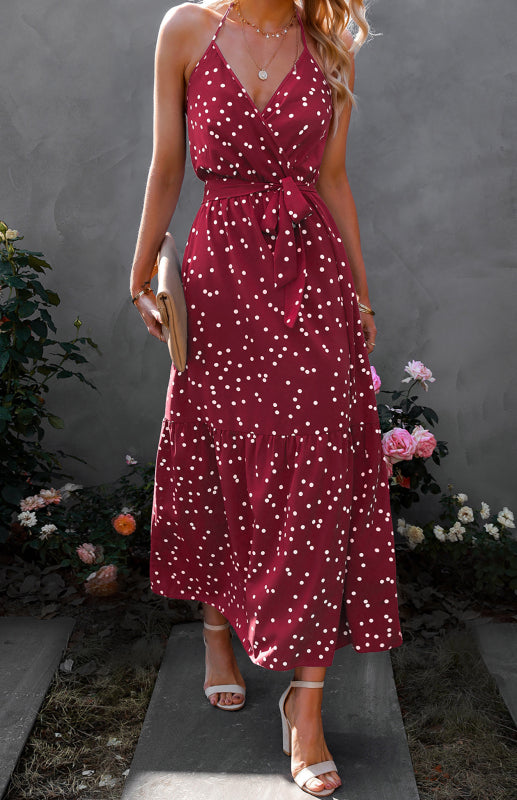 Eco-friendly Ladies Summer Fashion V Neck Sling Polka Dot Dress Long Dress