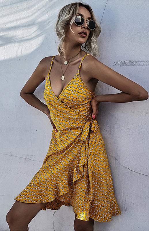 Eco-friendly Printed Ruffled Lace-up Beach Slip Dress