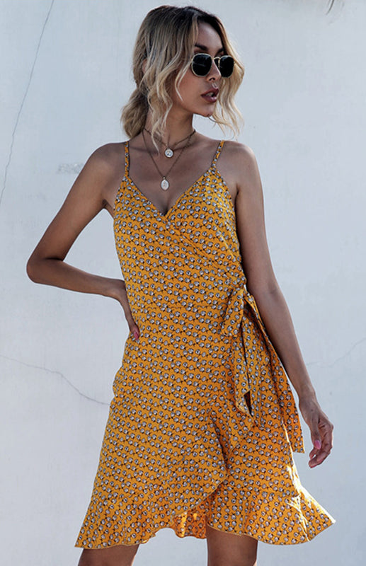 Eco-friendly Printed Ruffled Lace-up Beach Slip Dress