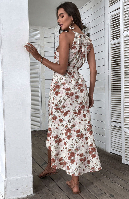 Eco-friendly Women's Seaside Resort Slip Dress Halter Floral Print White Dress