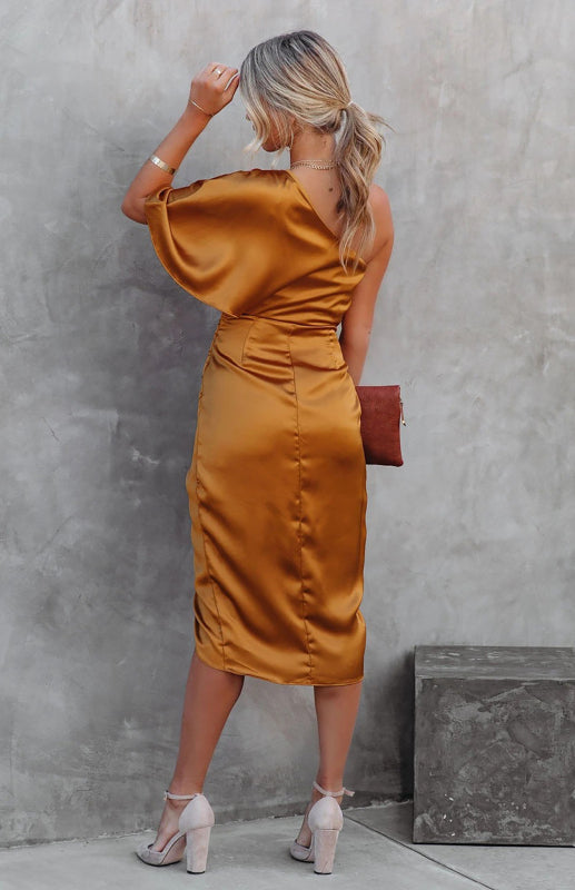 Eco-friendly Sexy One Sleeve Irregular Pleated Waist Skirt Dress