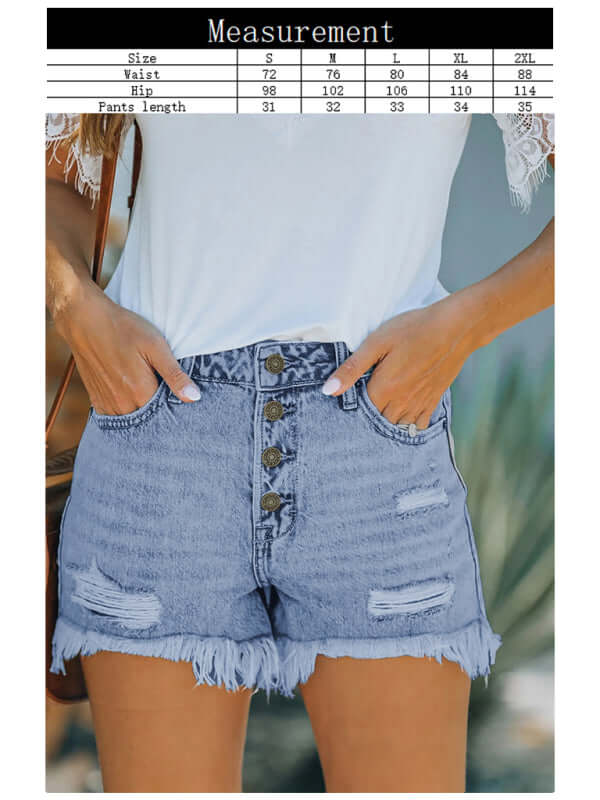 Eco-friendly Women's Shorts Mid Waist Buttoned Jeans Washed Ripped Denim Shorts