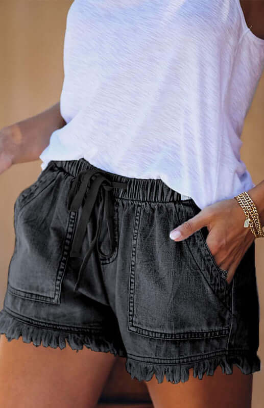 Eco-friendly Women's Elastic Waist Drawstring Casual High Waist Slim Denim Shorts