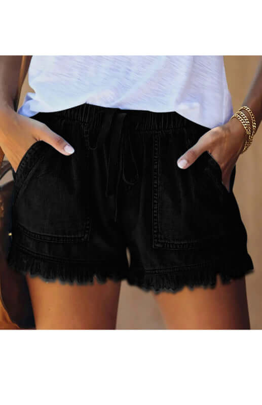 Eco-friendly Women's Elastic Waist Drawstring Casual High Waist Slim Denim Shorts