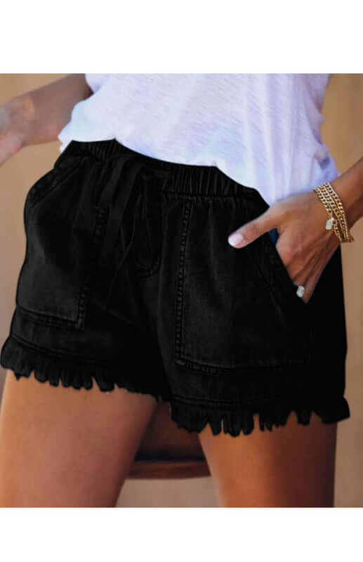 Eco-friendly Women's Elastic Waist Drawstring Casual High Waist Slim Denim Shorts