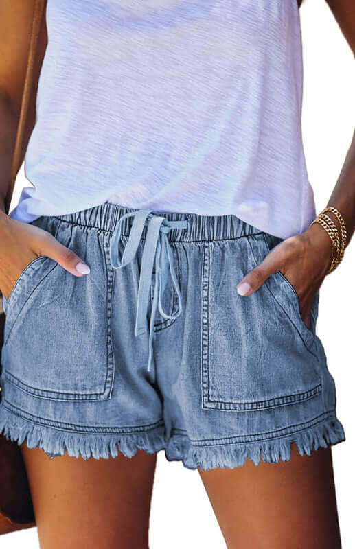 Eco-friendly Women's Elastic Waist Drawstring Casual High Waist Slim Denim Shorts