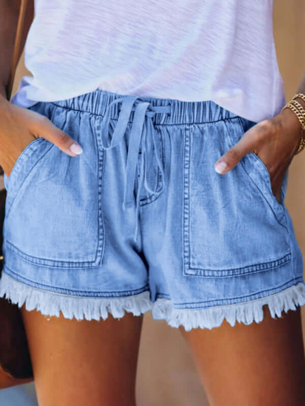 Eco-friendly Women's Elastic Waist Drawstring Casual High Waist Slim Denim Shorts