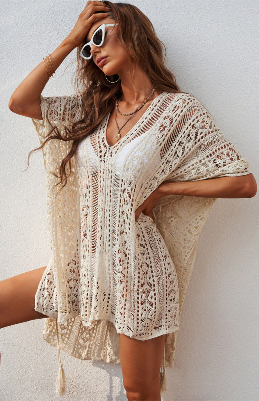 Eco-friendly Crochet Knitted Tassel Tie Kimono Beachwear