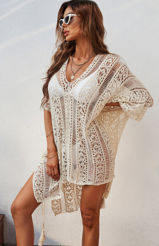 Eco-friendly Crochet Knitted Tassel Tie Kimono Beachwear