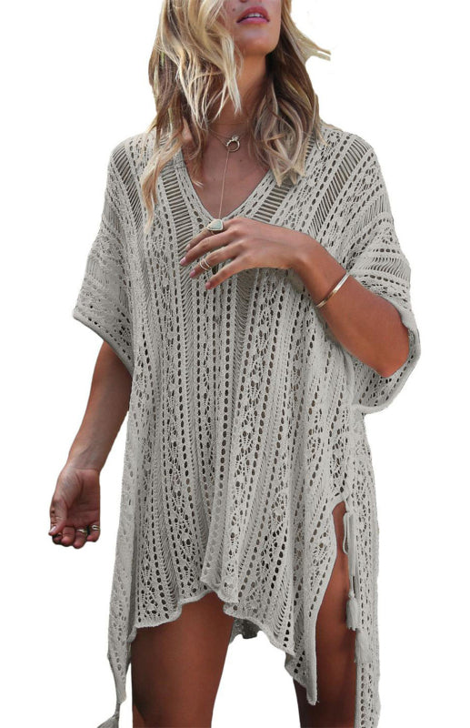 Eco-friendly Crochet Knitted Tassel Tie Kimono Beachwear