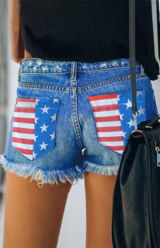 Eco-friendly Women's American Flag Pocket Distressed Raw Hem Denim Shorts