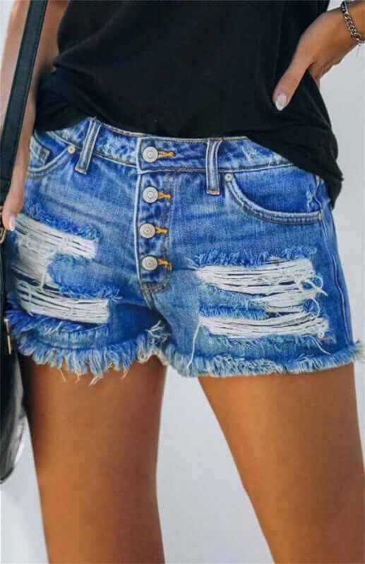 Eco-friendly Women's American Flag Pocket Distressed Raw Hem Denim Shorts