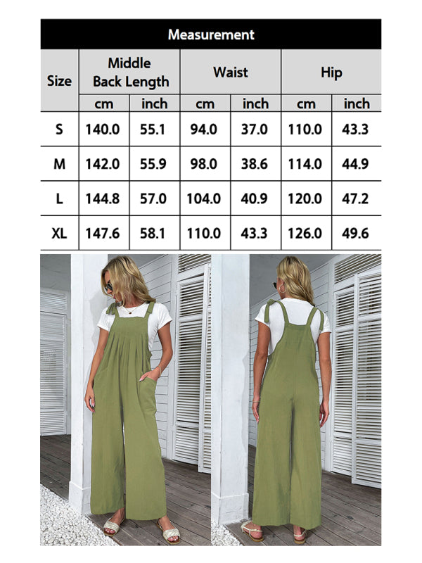 Women's 2022 summer solid color wide-leg cotton and linen overalls