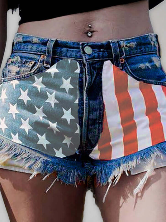 Eco-friendly Women's American Flag Fringe Star Print Denim Shorts