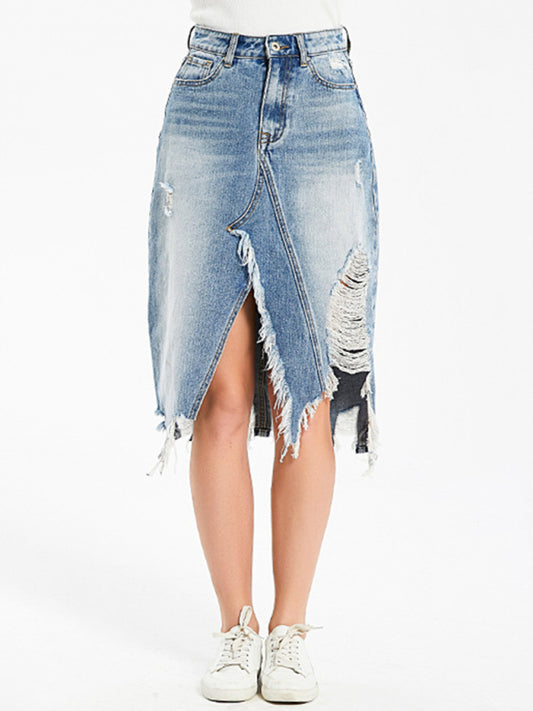 Eco-friendly Women's Irregular fringed ripped butt-lifting denim midi skirt