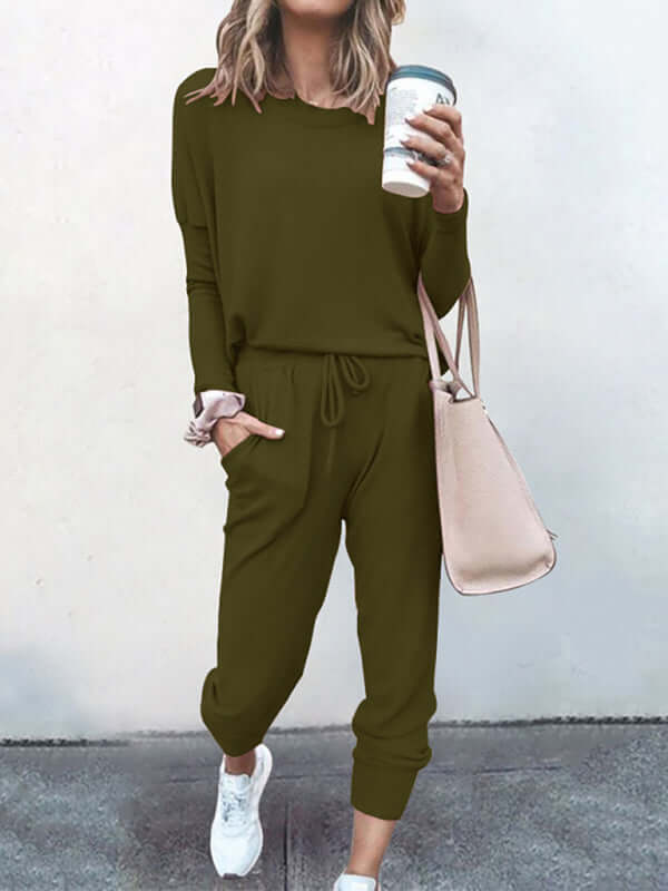 Eco-friendly Women's Loose Solid Color Long Sleeve Casual Suit