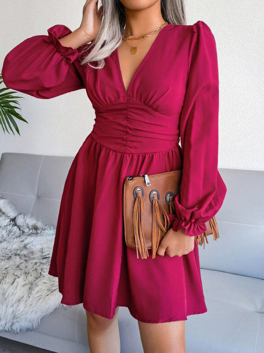 Eco-friendly Women's sexy V-neck Waist Chiffon Pleated Dress