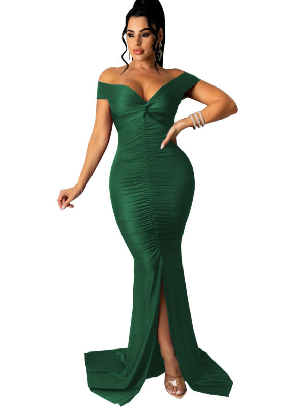 Eco-friendly Women's Solid Color Big V Neck Skinny Ruched Dress