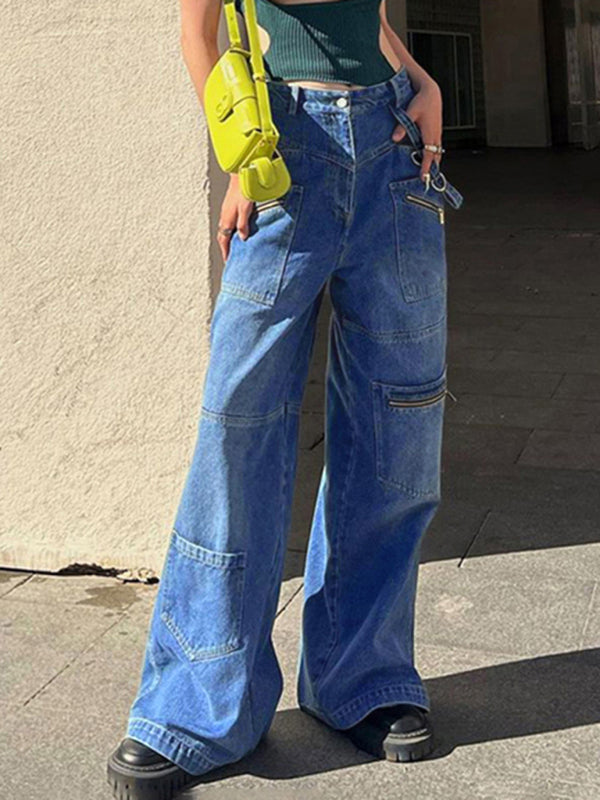 Eco-friendly Multi-pocketed, zipped, distressed jeans with a straight leg and wide leg