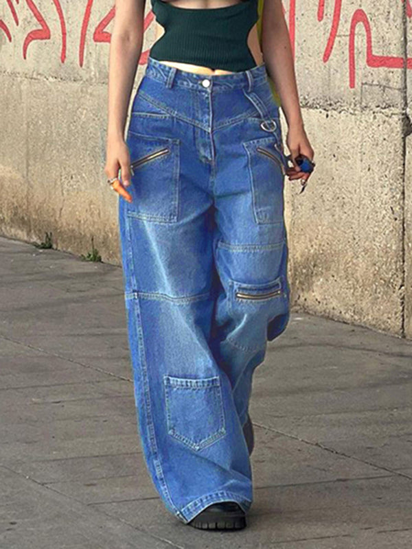 Eco-friendly Multi-pocketed, zipped, distressed jeans with a straight leg and wide leg