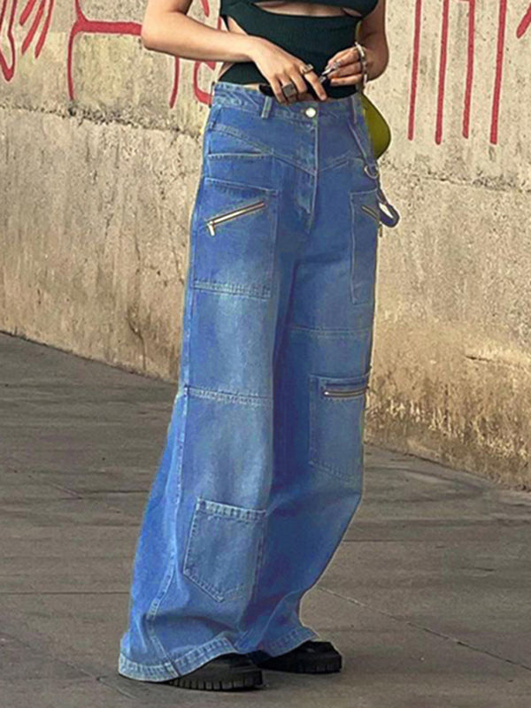 Eco-friendly Multi-pocketed, zipped, distressed jeans with a straight leg and wide leg