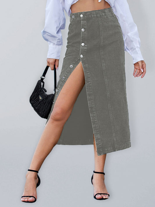 Button Irregular Slit Denim High Waist Skirt