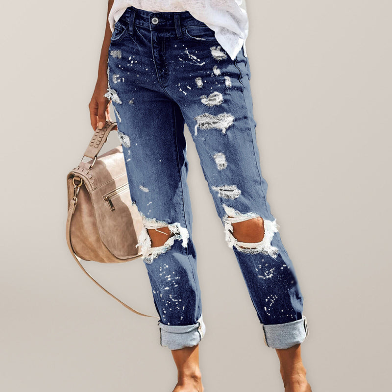 Stretch washed ripped straight-leg street style denim trousers