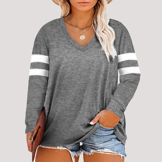 plus size loose long -sleeved V -neck sleeve top