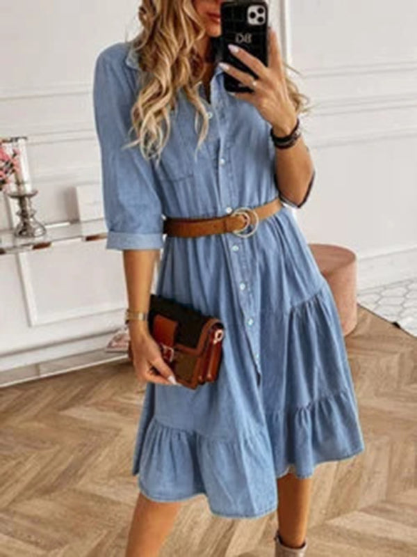 Women's Denim Lapel Panel Button Breasted Midi Dress