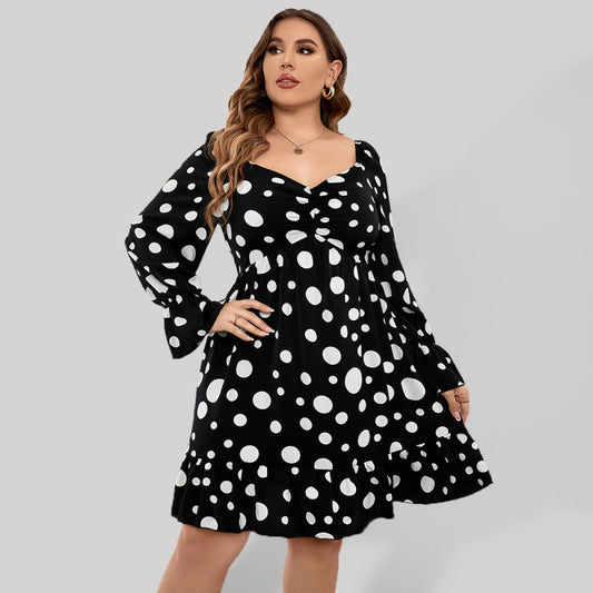 Plus size polka dot casual waist long sleeve dress