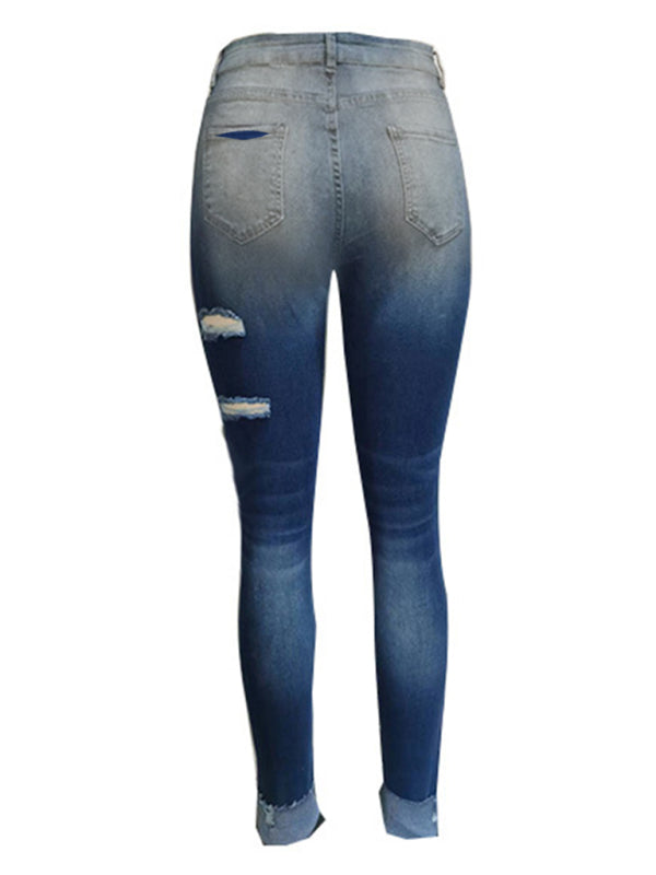 Stretch ripped denim trousers washed skinny feet tight buttocks fashion jeans for women