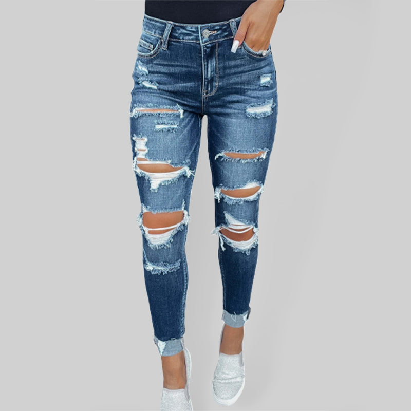 Stretch ripped denim trousers washed skinny feet tight buttocks fashion jeans for women