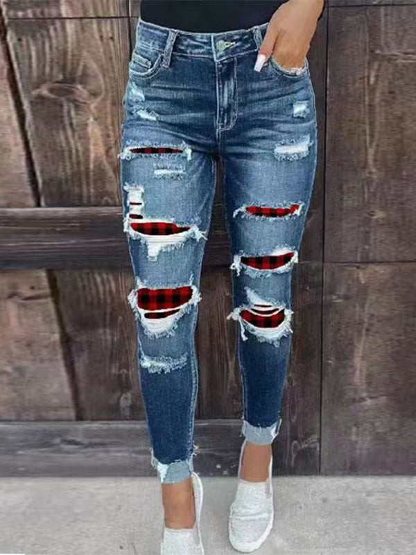 Stretch ripped denim trousers washed skinny feet tight buttocks fashion jeans for women