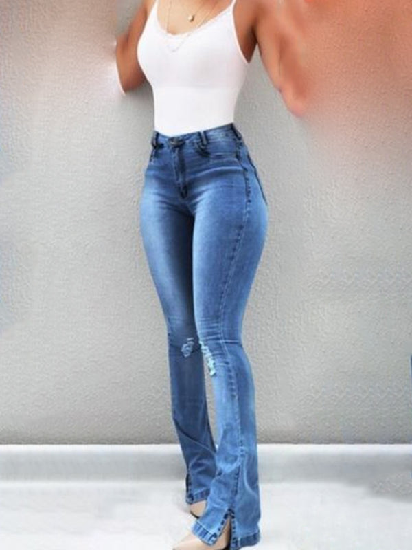 Elastic slit flared high waist jeans women's trousers